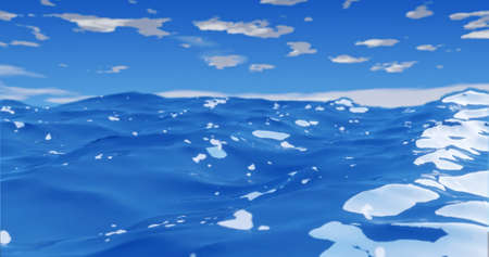 ocean waves with clear sky and sun rays on blue waterの写真素材