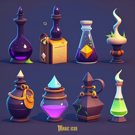 game sheet of different types of enchanted potions, light background, clay, oily, shiny, game icon. Generative AI, Generative AIの素材