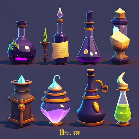 game sheet of different types of enchanted potions, light background, clay, oily, shiny, game icon. Generative AI, Generative AIの素材
