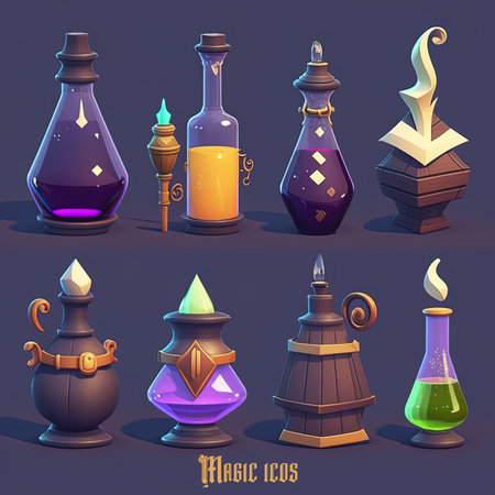 game sheet of different types of enchanted potions, light background, clay, oily, shiny, game icon. Generative AI, Generative AIの素材
