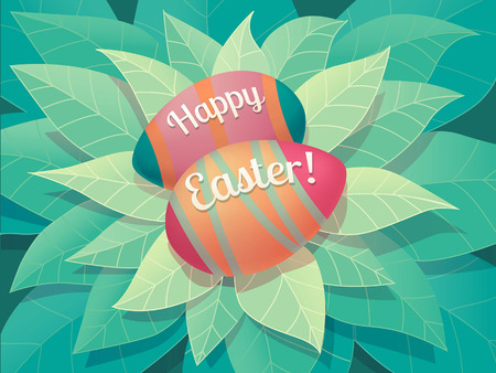 Happy Easter greeting card. Two beautiful Easter eggs that lie in leaves.のイラスト素材
