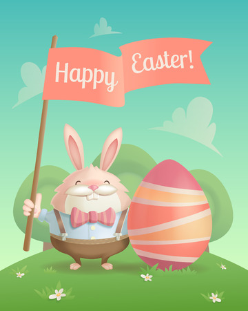 A beautiful illustration, which depicts a rabbit with Easter egg in a landscape. A Illustration can be used as greeting cards.のイラスト素材