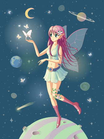 Vector illustration of the manga fairy in space, where the stars are near her hand.のイラスト素材