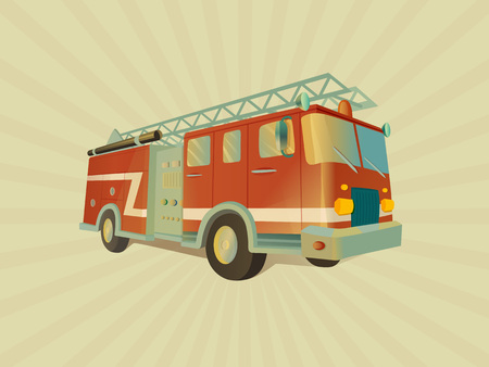 Transport. Isolated red fire engine on four wheels, illuminated with a light of fire.  Detailed image of firefighting vehicle. Main device of firefighters in cartoon style. Vector.のイラスト素材