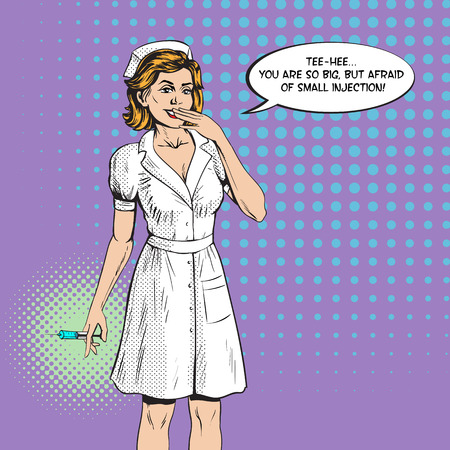 The nurse gives an injection syringe medicine health medicine and says to the patient. Retro style.のイラスト素材