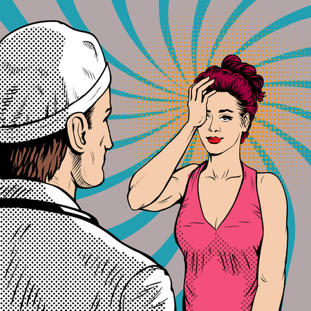 Doctor with woman patient at the reception. Women have poor health. Headache. Retro style, pop art.のイラスト素材
