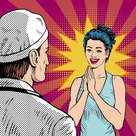 Doctor with woman patient at the reception. A woman enjoys a good diagnosis. Retro style, pop art.のイラスト素材