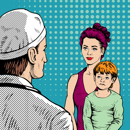 Doctor with woman and boy patient at the reception. Retro style, pop art.のイラスト素材