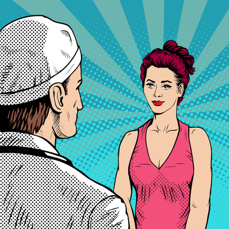 Doctor with woman patient at the reception. Retro style, pop art.のイラスト素材