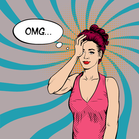 Women have poor health. Headache. This gesture also means fatigue, despair. Retro style, pop art.のイラスト素材