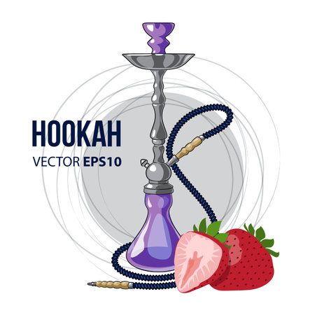 Colorful hookah with strawberry. Vector illustration isolated on white background