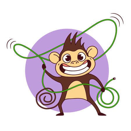 Ð¡ute cartoon monkey vector illustration. Crazy monkey with network cableのイラスト素材