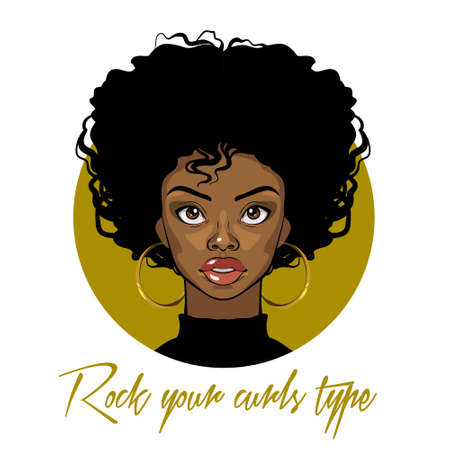 Cartoon vector portrait of an Afro American girl with curly hair, big eyes and golden earrings. Fashion Illustration on white background.のイラスト素材
