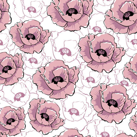 Vector pink poppy flowers on white background. Hand drawn seamless pattern. Wild flowers color illustration. Floral texture. Wallpaper, digital paper, wrapping paper, textile design.のイラスト素材