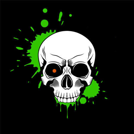 Skull with red glowing eye, and splashes and drips of green paint on black background. Grunge vector illustrationのイラスト素材