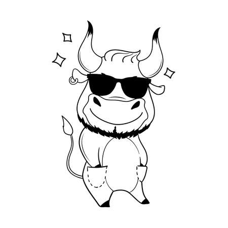 Cool cartoon bull in sunglasses, hands in pockets. Symbol of 2021. Vector illustration.のイラスト素材