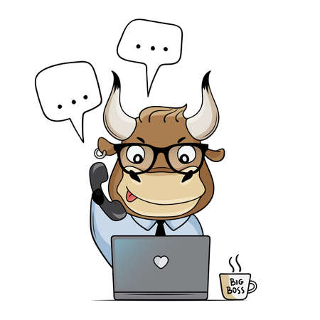 Ð¡ute bull works in the office with a laptop. Cartoon bull answers calls and messages. Symbol of 2021. Vector illustrationのイラスト素材