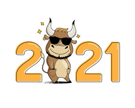 Cool cartoon bull in sunglasses, hands in pockets. Symbol of 2021. Year of the ox. Vector illustrationのイラスト素材