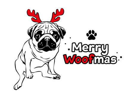 Cute pug with reindeer antlers. Christmas pug dog portrait. Merry woofmas text. Vector illustrationのイラスト素材