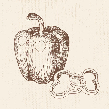 Bell pepper with slices. Detailed vegetarian food drawing. Farm market product. Hand drawn vector illustrationのイラスト素材