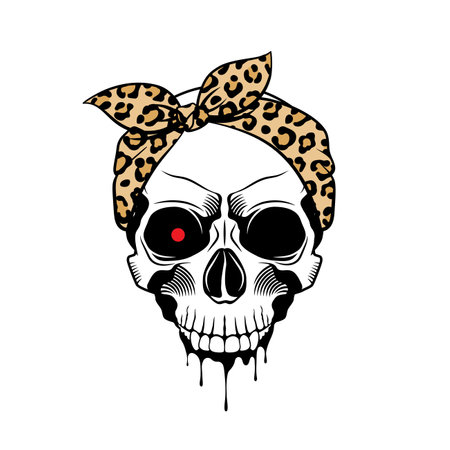 Skull with leopard print bandana, red glowing eye, drips of paint. Hand drawn vector illustration on white backgroundのイラスト素材