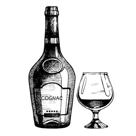 Hand drawn bottle of cognac with a glass. Vector illustration, ink sketchのイラスト素材