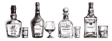 Hand drawn set of alcoholic drinks. Bottle of rum, cognac, tequila, whiskey. Vector beverage illustration, ink sketchのイラスト素材