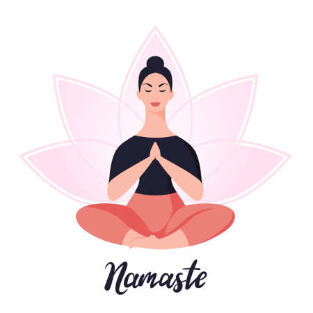 Woman meditates in yoga lotus pose. Vector illustrationのイラスト素材