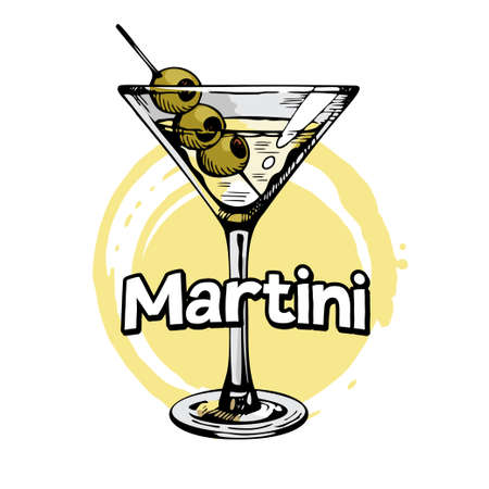 Martini glass with olives. Hand drawn alcohol cocktail, vector illustrationのイラスト素材
