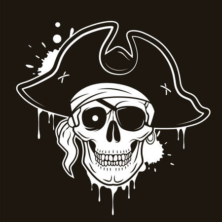 Pirate skull with eye patch, hat, bandana, glowing eye. Vector hand drawn cartoon illustration isolated on black backgroundのイラスト素材