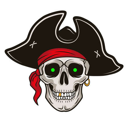 Pirate skull with a hat, red bandana, green glowing eyes. Vector hand drawn cartoon illustration isolated on white backgroundのイラスト素材