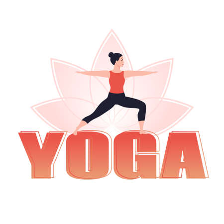 Women doing yoga warrior pose. Yoga text. Flat vector illustrationのイラスト素材