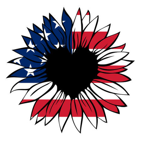 Heart shaped sunflower in the colors of the American flag, 4th of July, Independence day, vector illustration isolated on white backgroundのイラスト素材