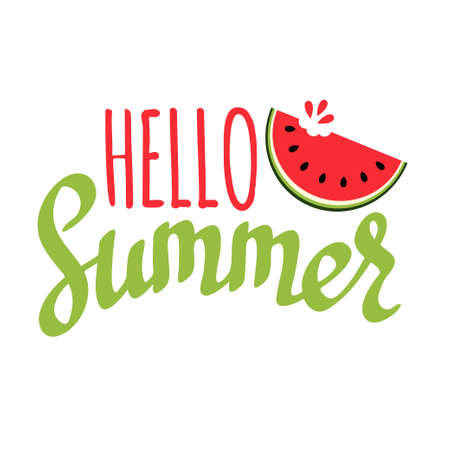 Hello summer, handwritten vector Iettering with red juicy watermelon sliceのイラスト素材