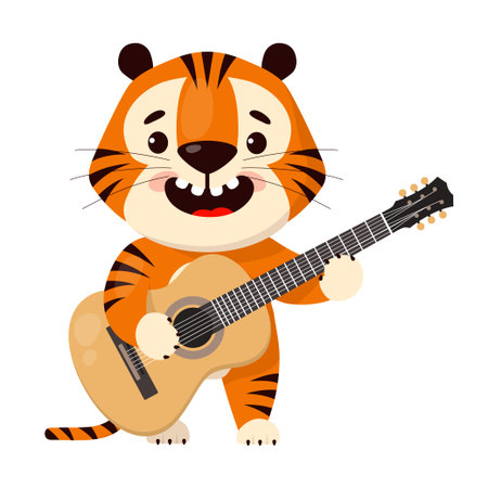 Cute cartoon tiger plays acoustic guitar, vector illustration isolated on white backgroundのイラスト素材