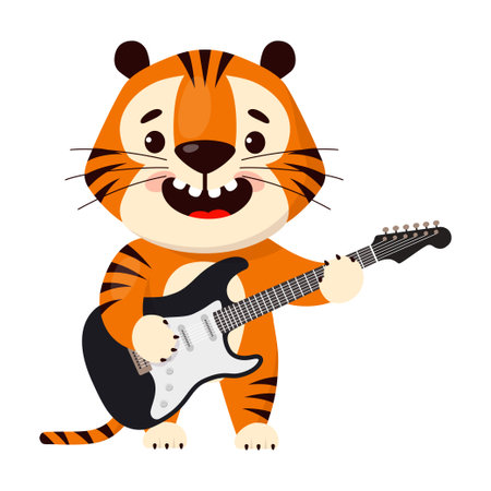 Cute cartoon tiger plays the electric guitar. Symbol of 2022, year of the tiger. Vector illustration isolated on white backgroundのイラスト素材