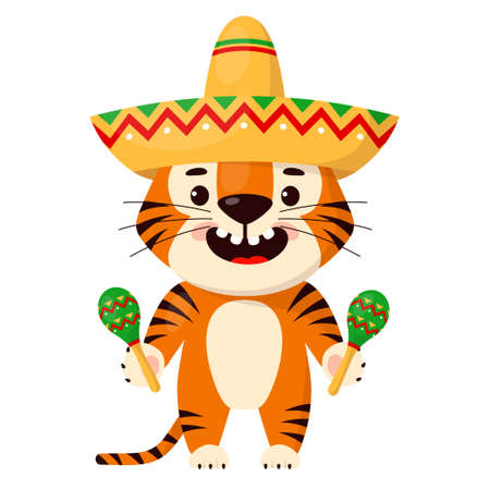 Cute cartoon smiling tiger with sombrero and maracas. Vector illustration isolated on white backgroundのイラスト素材