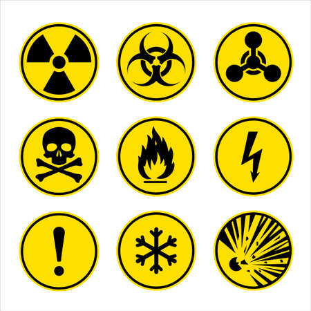 Warning signs set. Round danger icons. Radiation sign. Biohazard sign. Toxic sign. Nuclear symbol. Flammable symbol. Attention signsのイラスト素材