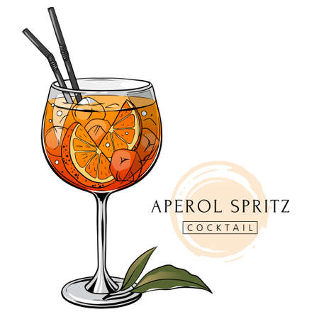 Aperol spritz cocktail, hand drawn alcohol drink with orange slice and ice. Vector illustrationのイラスト素材
