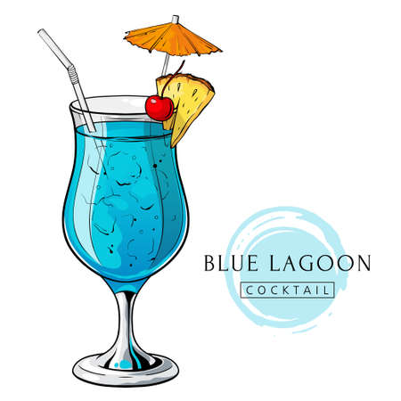 Blue  cocktail, hand drawn alcohol drink with pineapple slice, cherry and umbrella. Vector illustration on white backgroundのイラスト素材