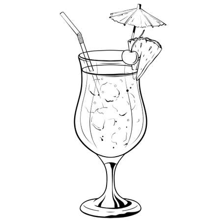 Blue cocktail, hand drawn alcohol drink with pineapple slice, cherry and umbrella. Vector illustration on white backgroundのイラスト素材