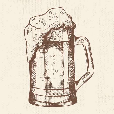 Hand drawn mug of foamy beer, sketch style vector illustrationのイラスト素材