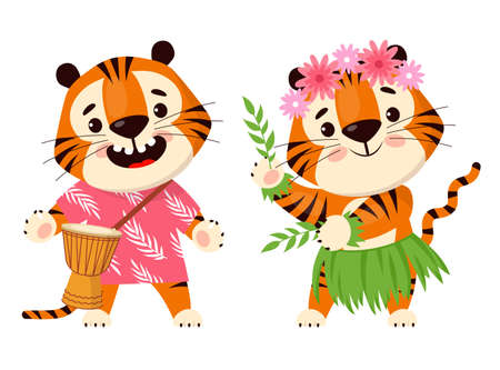 Cute cartoon tiger plays the drum and dances hawaiian hula dance. Vector illustrationのイラスト素材