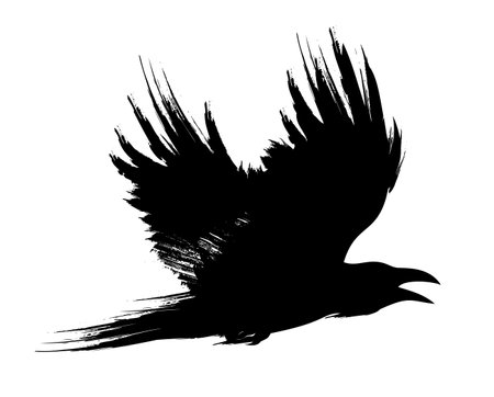 Flying black raven, crow brush painted vector illustrationのイラスト素材