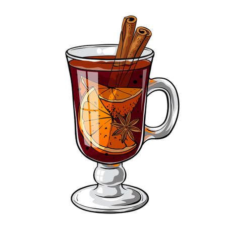 Mulled wine, hot Christmas drink with orange and spices. Vector illustration isolated on white backgroundのイラスト素材
