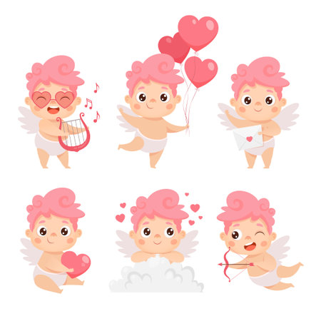 Cute baby cupid collection. Valentines day cartoon vector setのイラスト素材