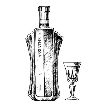 Hand drawn bottle and glass of absinthe. Vector beverage illustration, ink sketchのイラスト素材