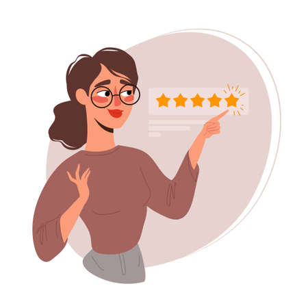 Girl gives 5 stars feedback. High customer service rating, positive business reputation conceptのイラスト素材