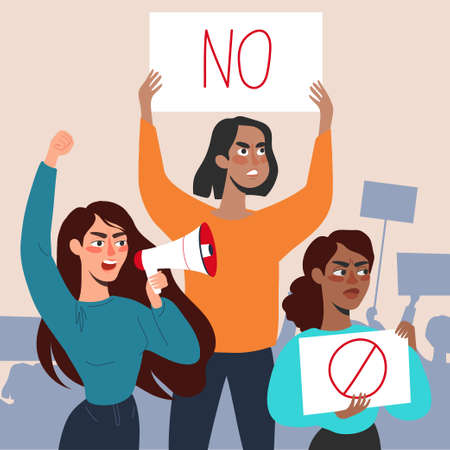Women with placards and loudspeakers at the protest. Fight for equality, womens rights. Vector flat illustrationのイラスト素材