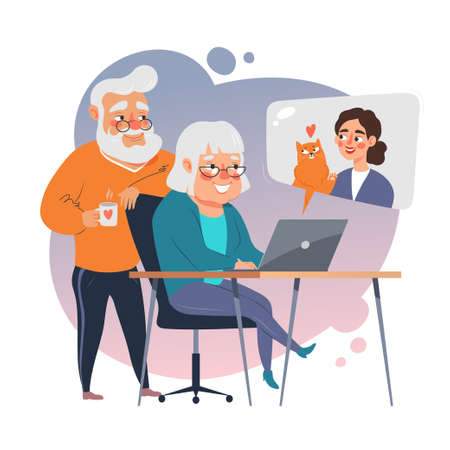 Elderly couple use laptop to communicate with family. Old people use computer technology, vector illustrationのイラスト素材